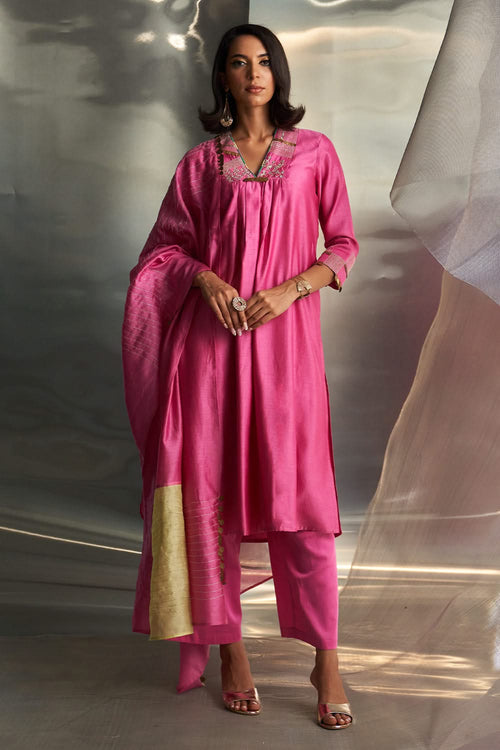 Deep V Neck Embroidered Kurta Set