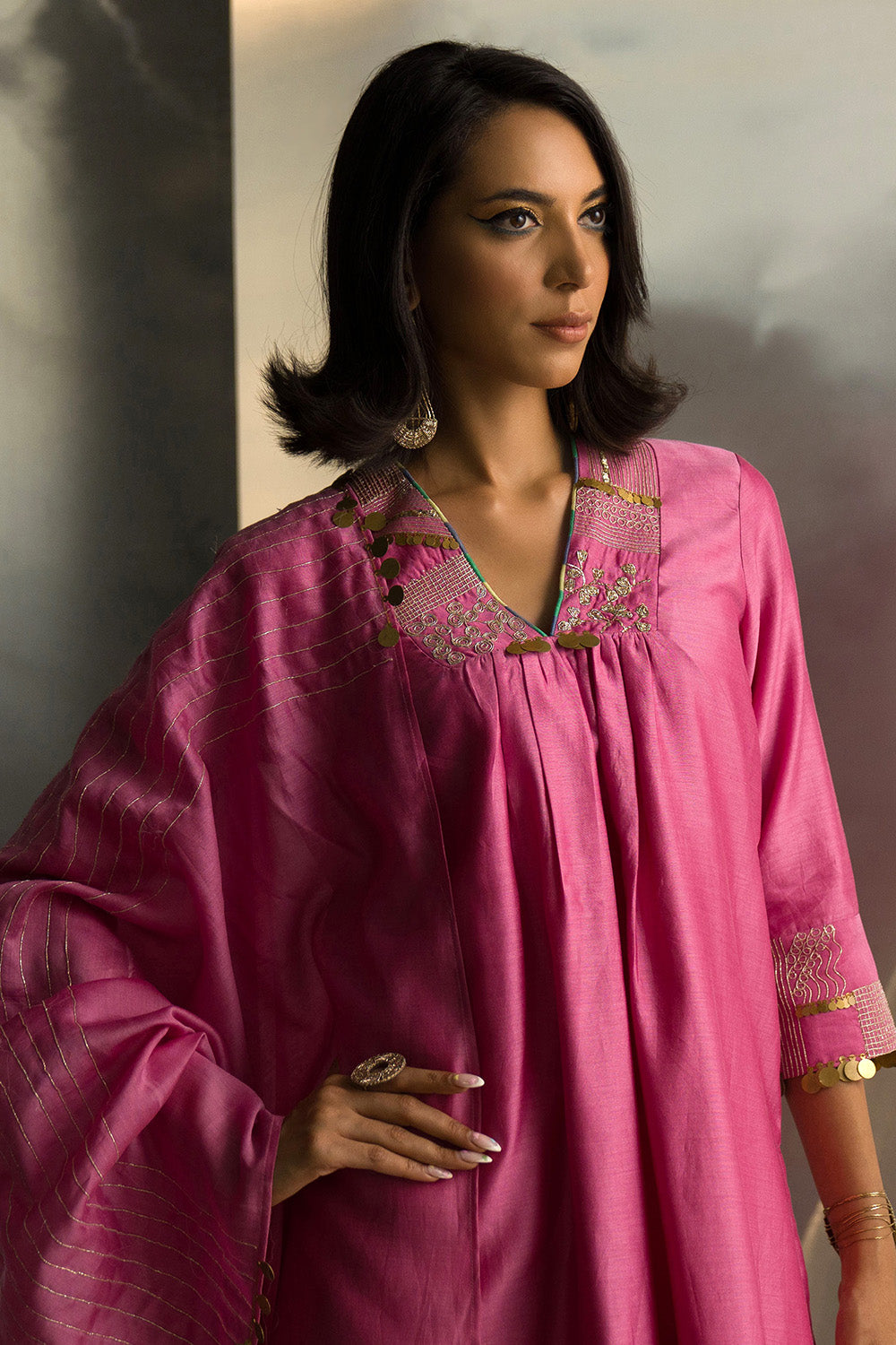 Deep V Neck Embroidered Kurta Set