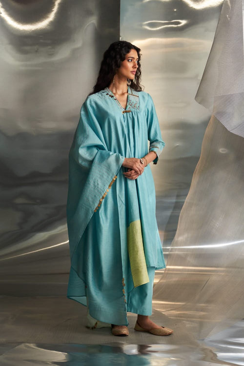 Deep V Neck Embroidered Powder Blue Kurta Set