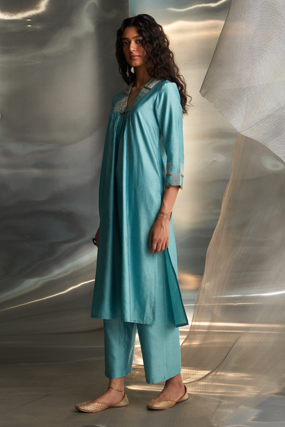 Deep V Neck Embroidered Powder Blue Kurta Set