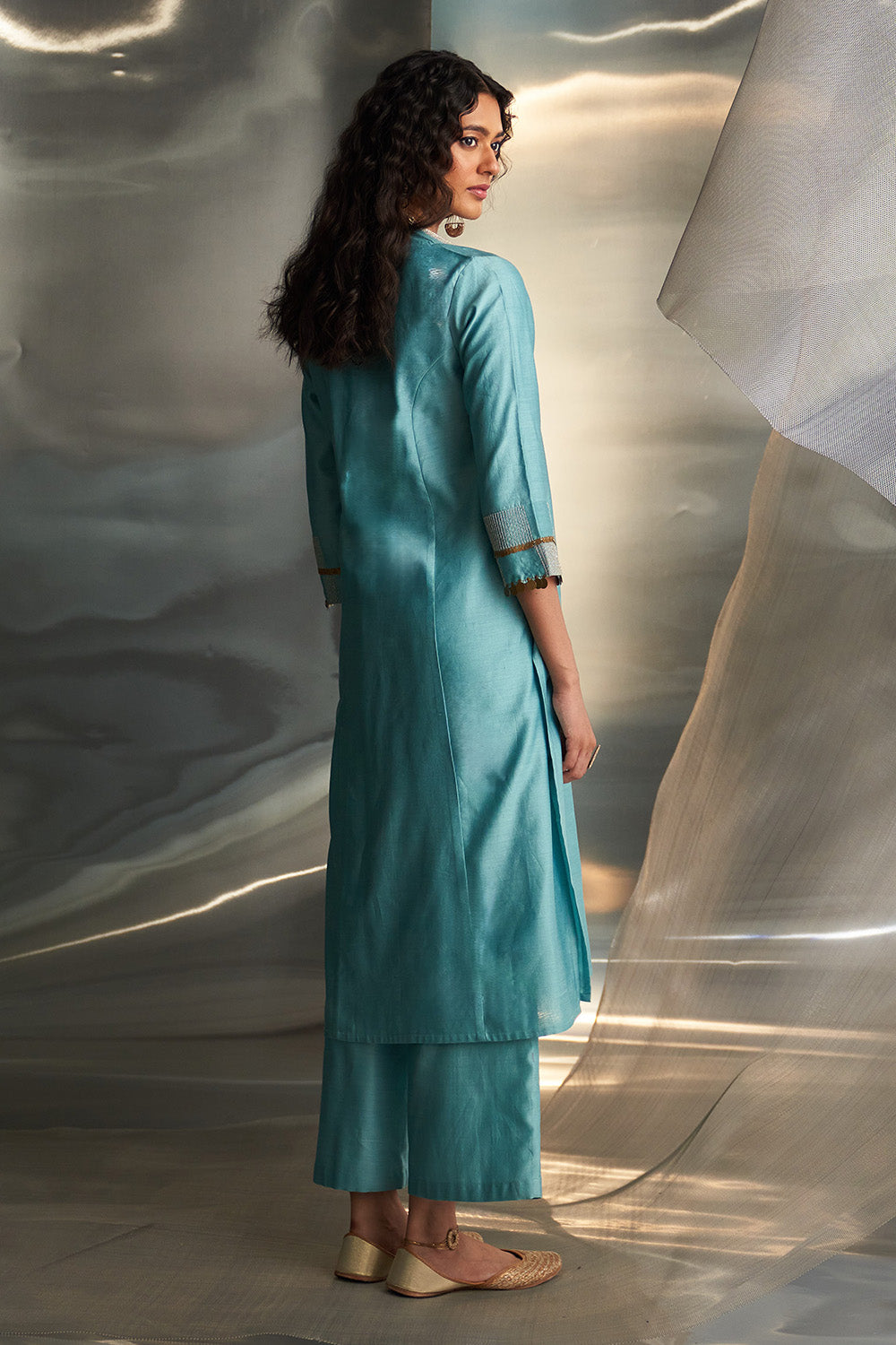 Deep V Neck Embroidered Powder Blue Kurta Set