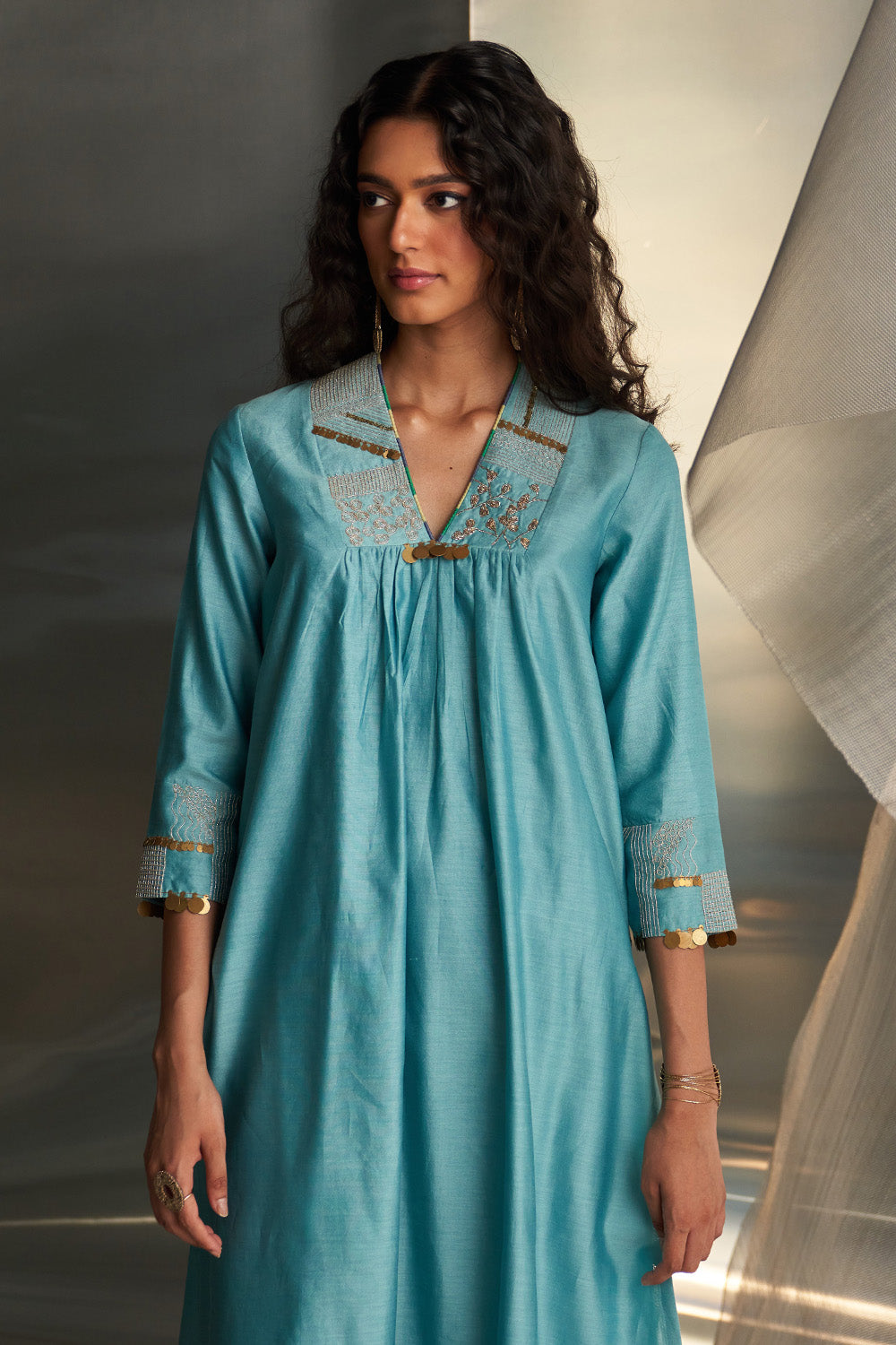 Deep V Neck Embroidered Powder Blue Kurta Set