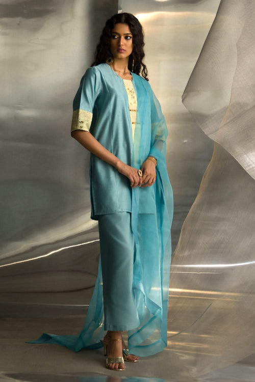 Powder Blue Short Kurta Embroidered Co-Ord Set