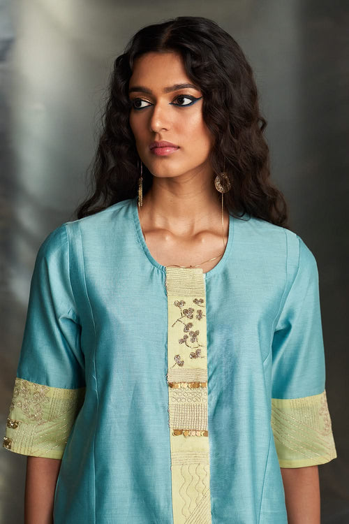 Powder Blue Short Kurta Embroidered Co-Ord Set