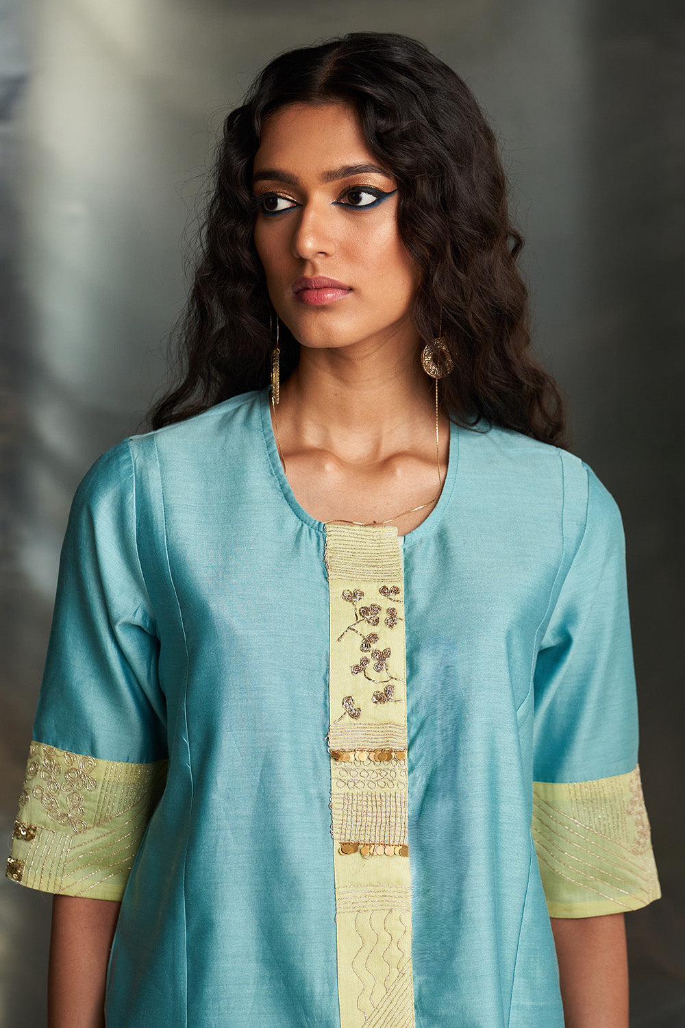 Powder Blue Short Kurta Embroidered Co-Ord Set