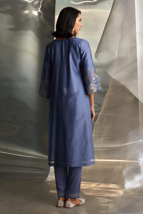 Berry Blue Flared Kurta Set with Yellow Dupatta