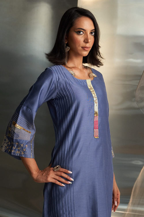 Berry Blue Flared Kurta Set with Yellow Dupatta