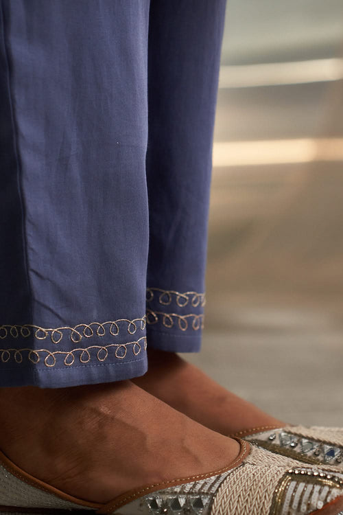 Berry Blue Flared Kurta Set with Yellow Dupatta