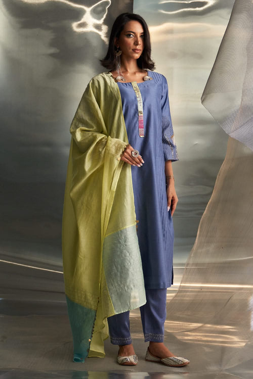 Berry Blue Flared Kurta Set with Yellow Dupatta