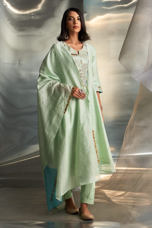 Mint Green Chanderi Flared Kurta Set