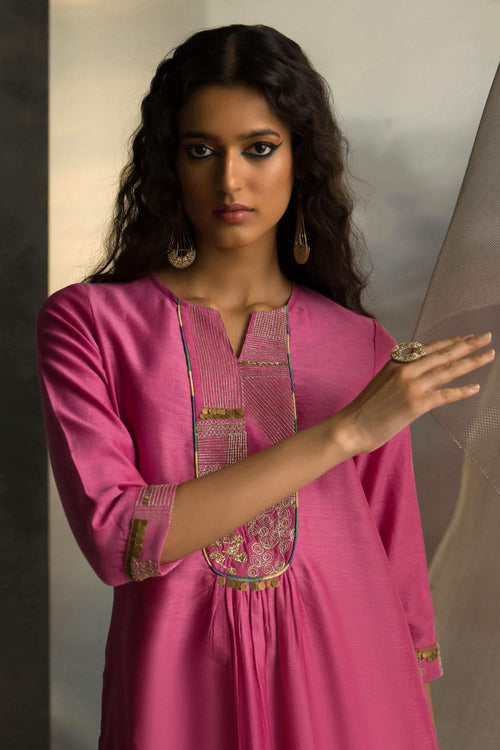 Bloom Pink Chanderi Kurta Set with Yellow Dupatta