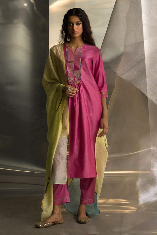 Bloom Pink Chanderi Kurta Set with Yellow Dupatta