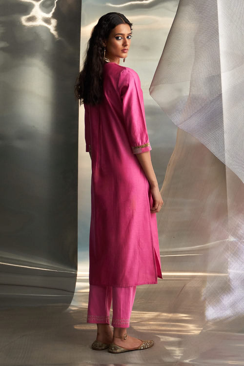 Bloom Pink Chanderi Kurta Set with Yellow Dupatta