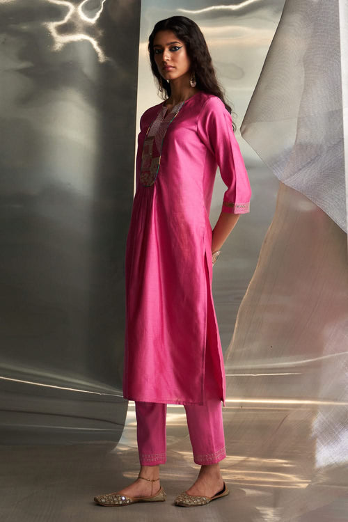 Bloom Pink Chanderi Kurta Set with Yellow Dupatta