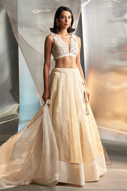 Off White Tissue Stripe Lehenga Set