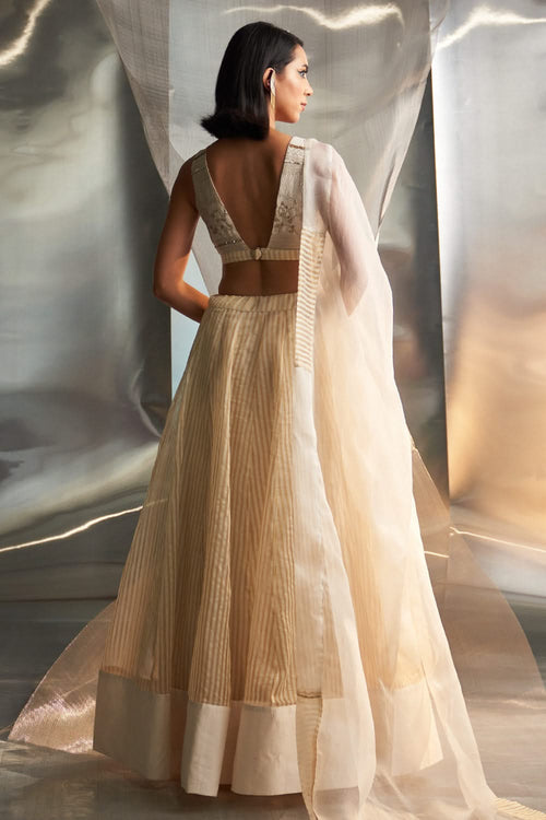 Off White Tissue Stripe Lehenga Set