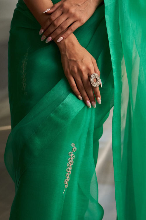 Lush Green Saree With Bloom Pink Blouse