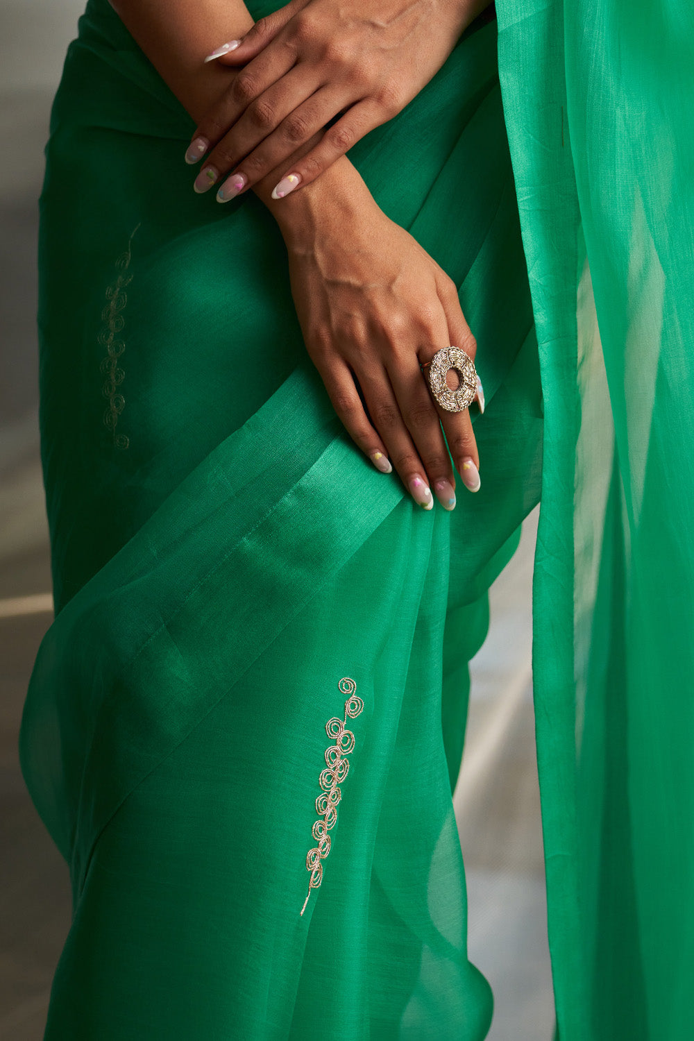 Lush Green Saree With Bloom Pink Blouse