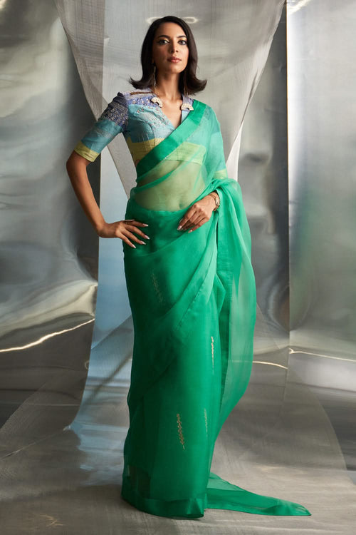 Lush Green Saree With Multicolor Blouse