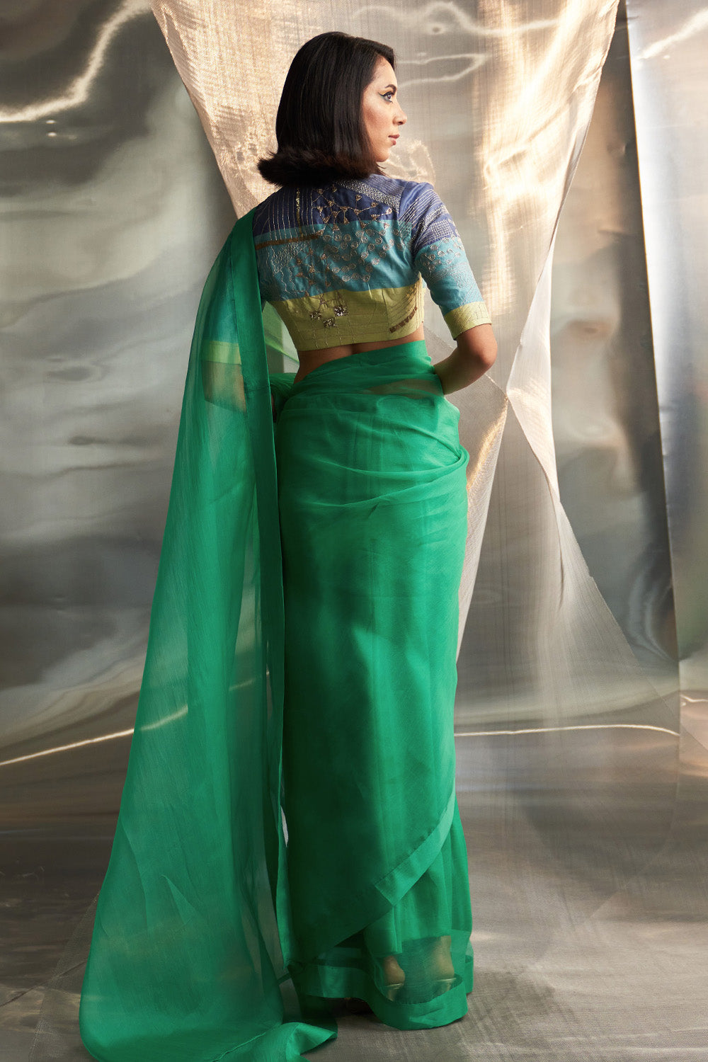 Lush Green Saree With Multicolor Blouse