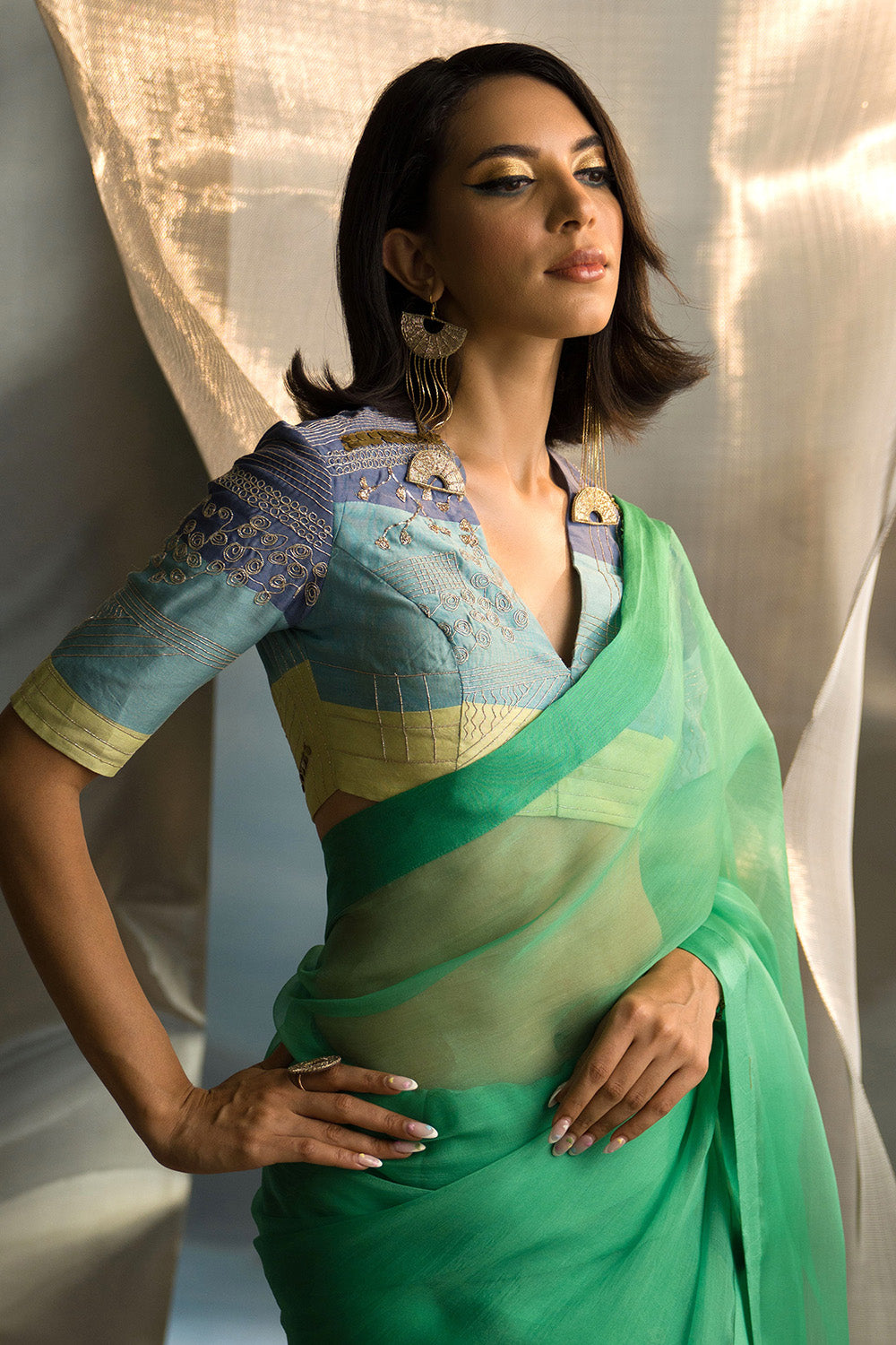 Lush Green Saree With Multicolor Blouse