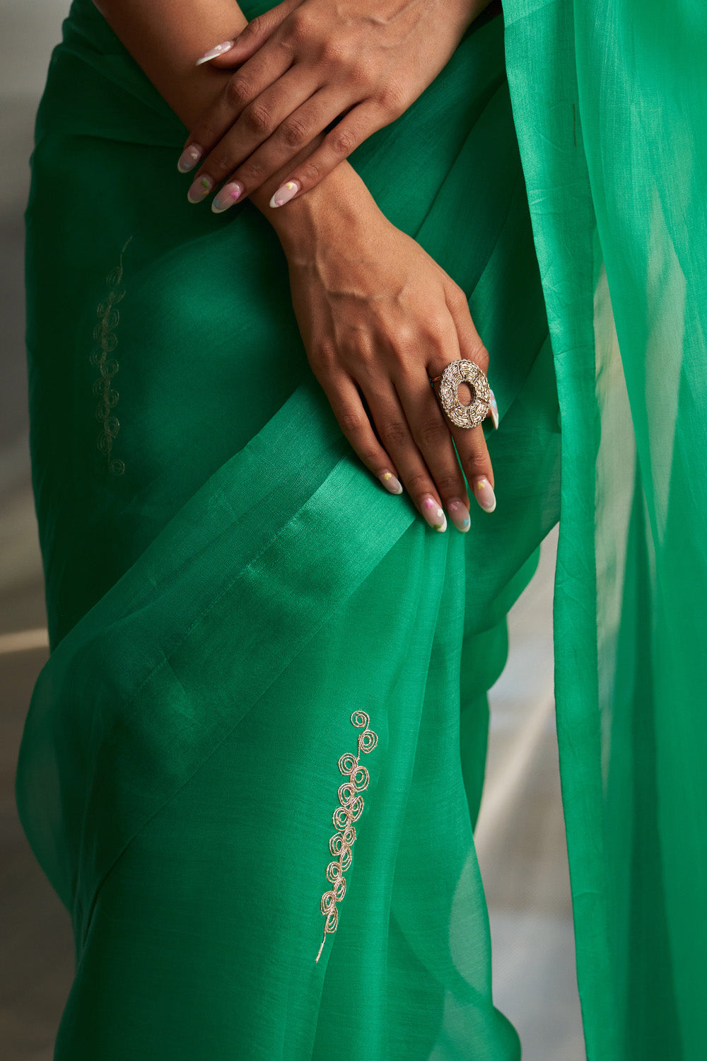 Lush Green Saree With Multicolor Blouse