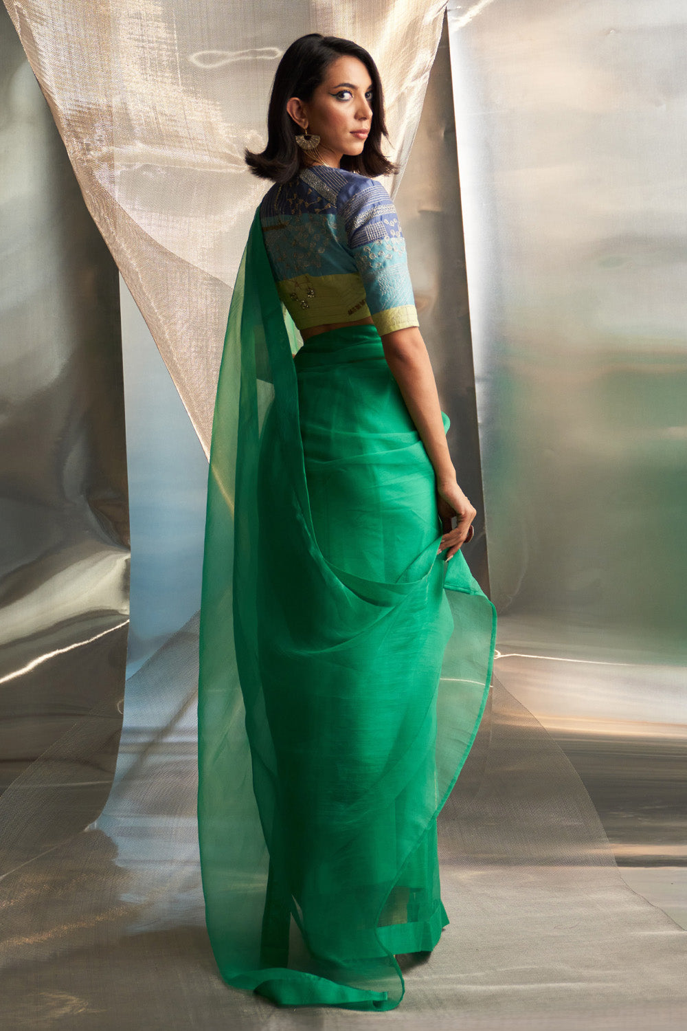 Lush Green Saree With Multicolor Blouse