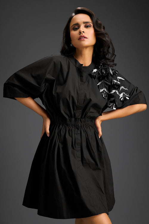 Black Floral Embroidered Shift Dress