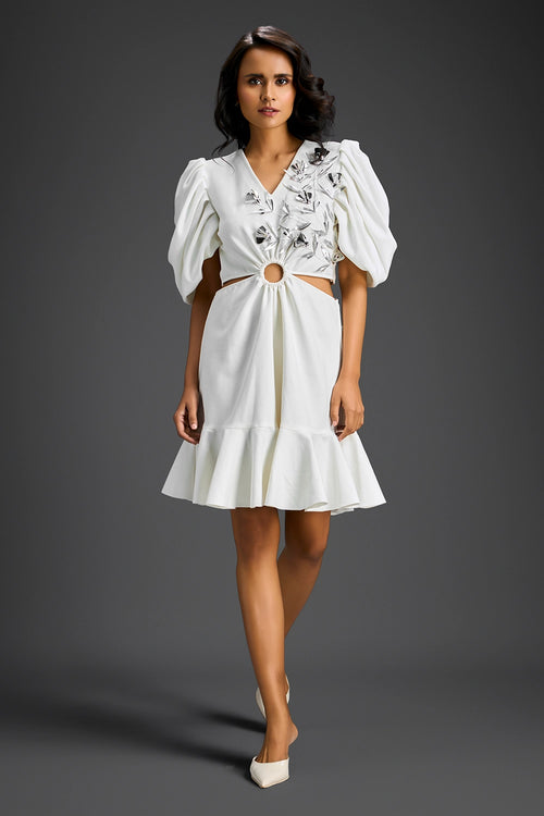 White V-Neck With Cutout Dress
