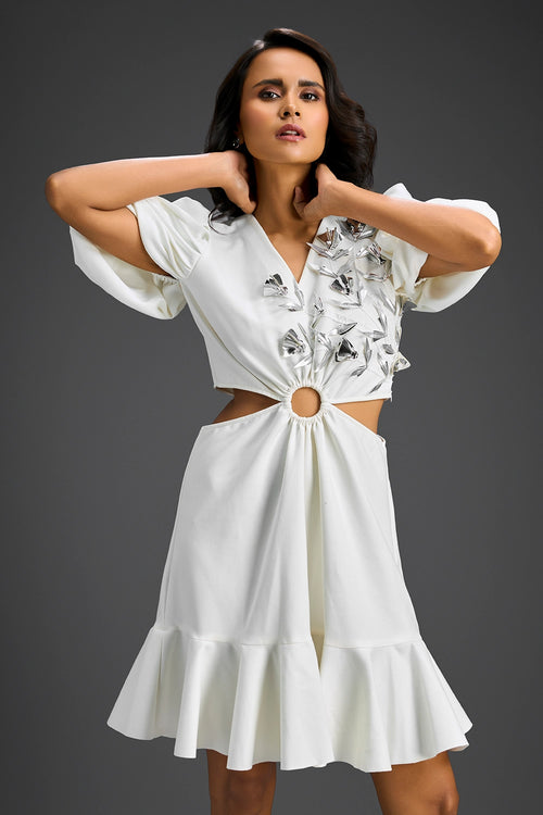 White V-Neck With Cutout Dress
