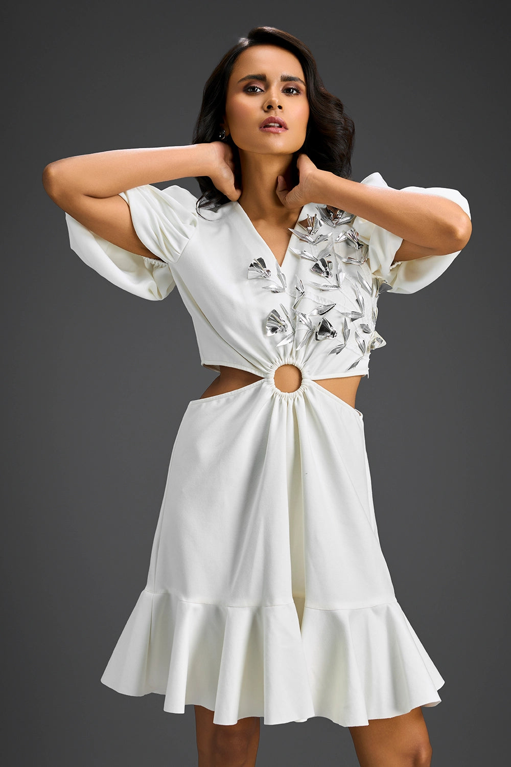 White V-Neck With Cutout Dress