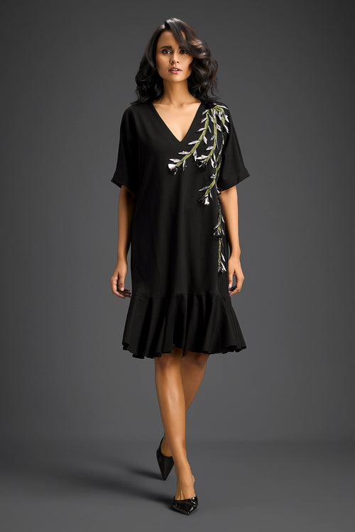 Black V-Neck Dress With Embroidery