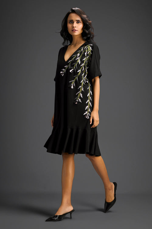 Black V-Neck Dress With Embroidery
