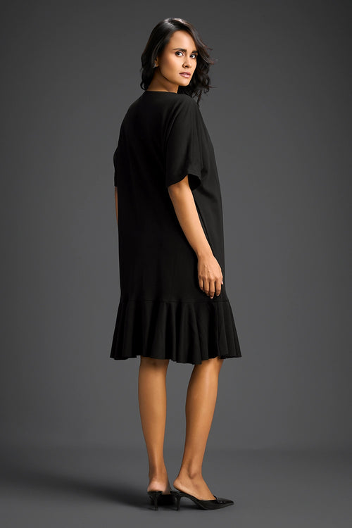Black V-Neck Dress With Embroidery