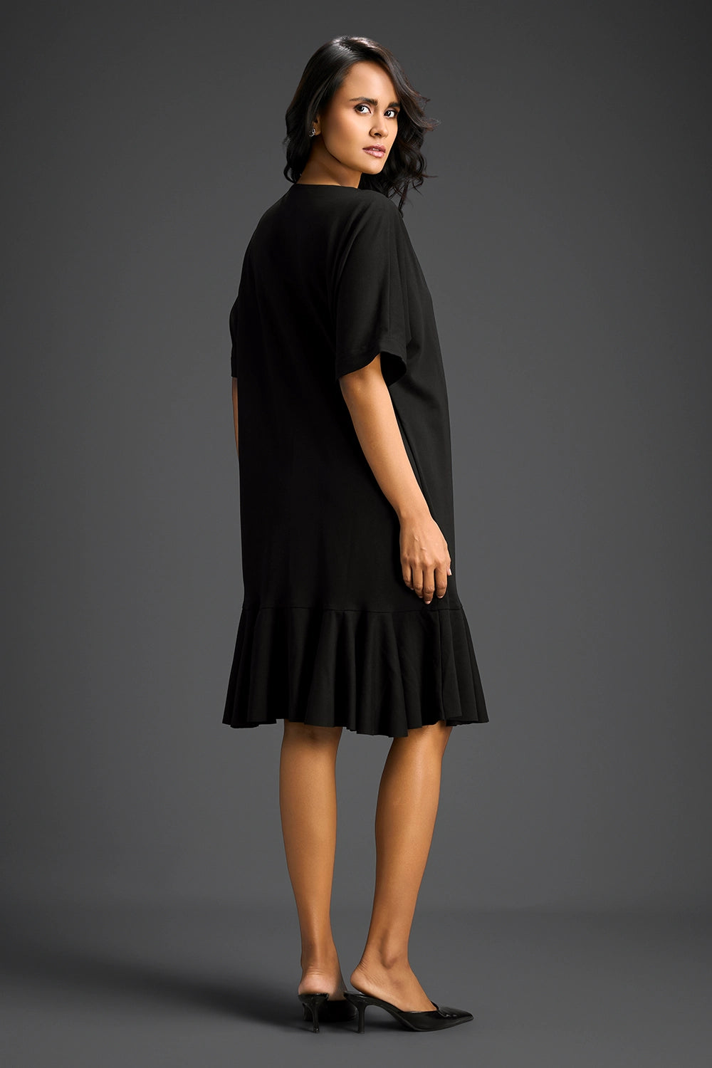 Black V-Neck Dress With Embroidery