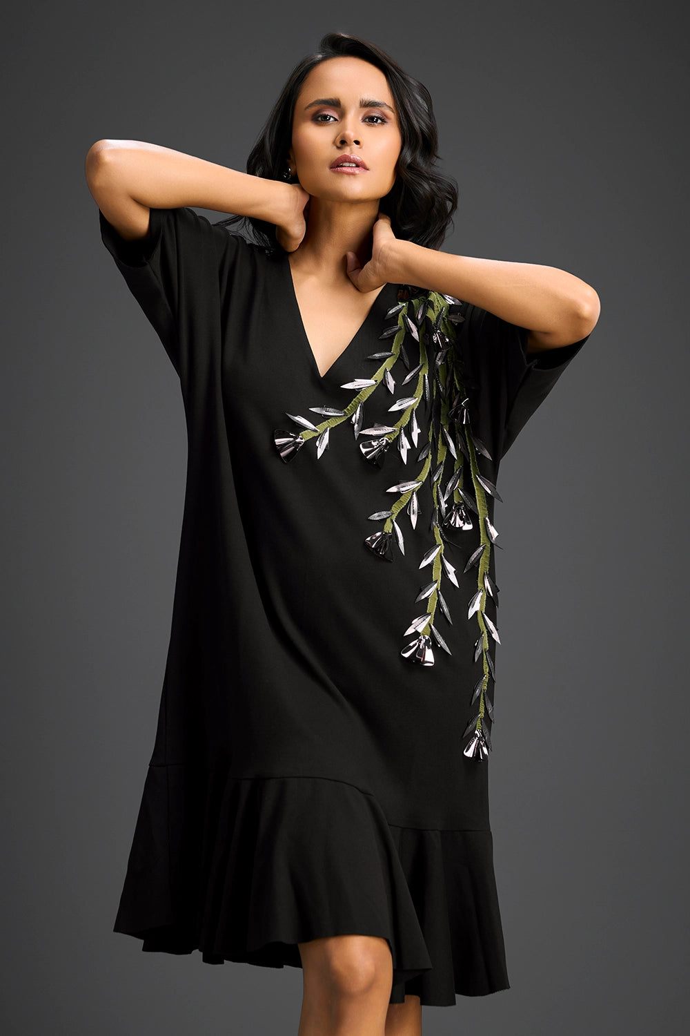 Black V-Neck Dress With Embroidery