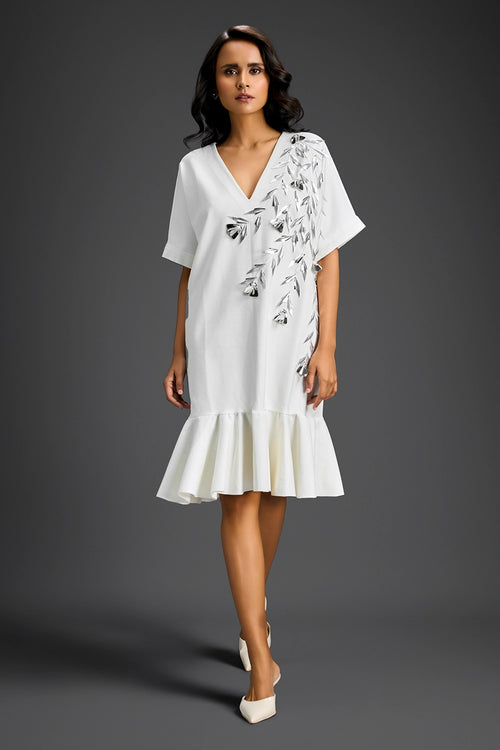 White V-Neck Dress With Embroidery