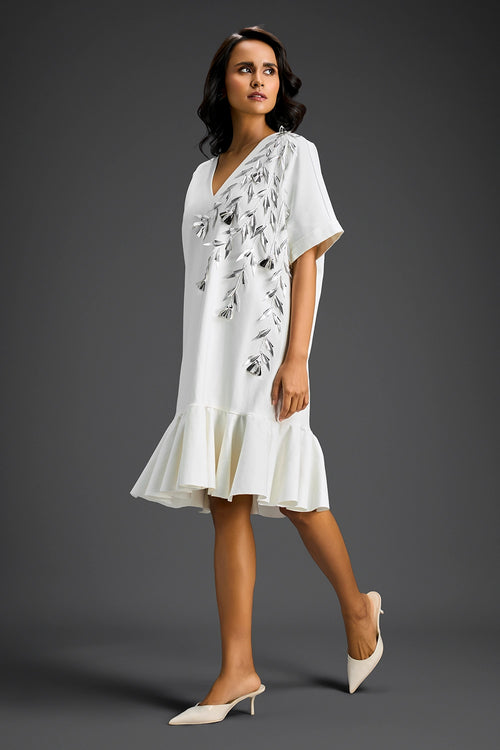 White V-Neck Dress With Embroidery