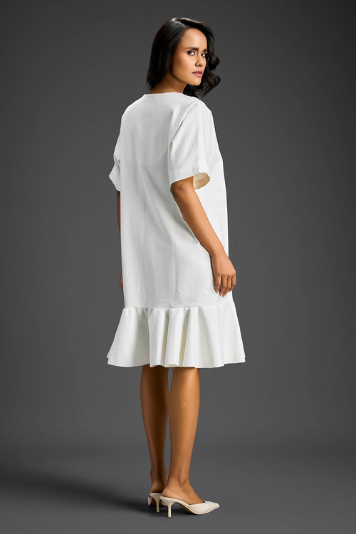 White V-Neck Dress With Embroidery