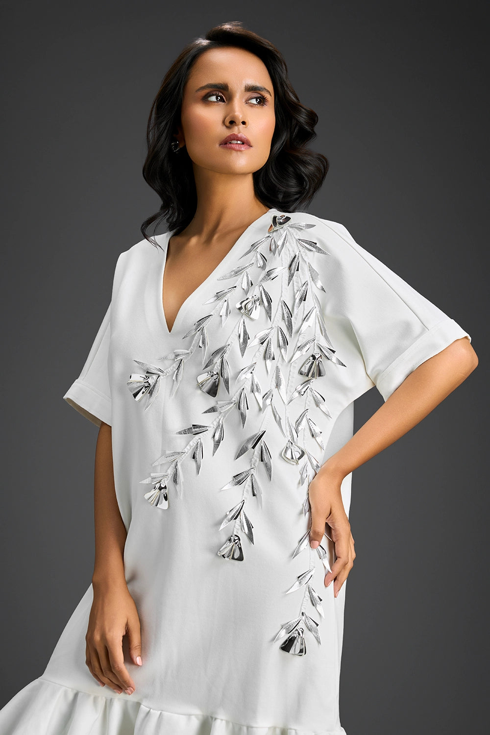 White V-Neck Dress With Embroidery