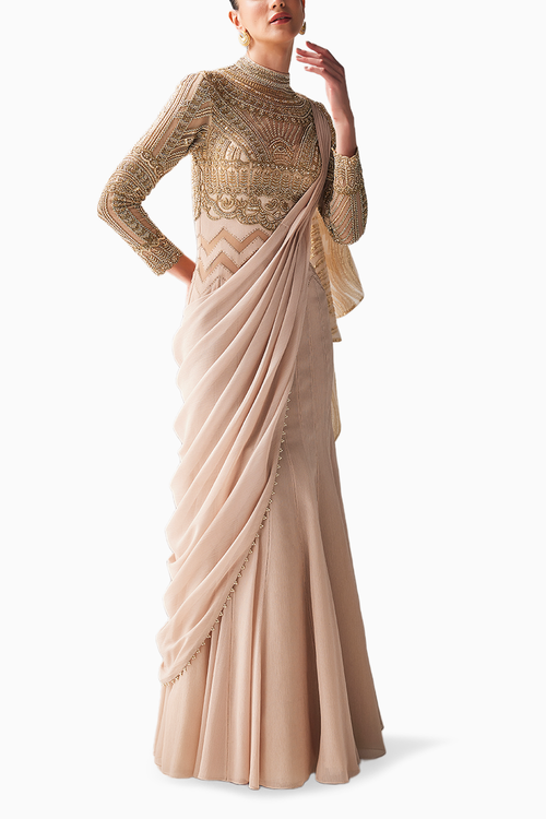 Golden Cream Opulent Gilded Draped Saree Set