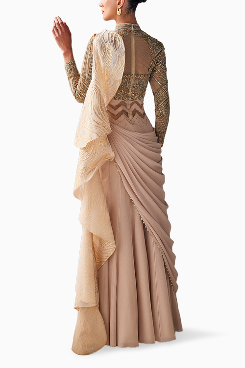 Golden Cream Opulent Gilded Draped Saree Set