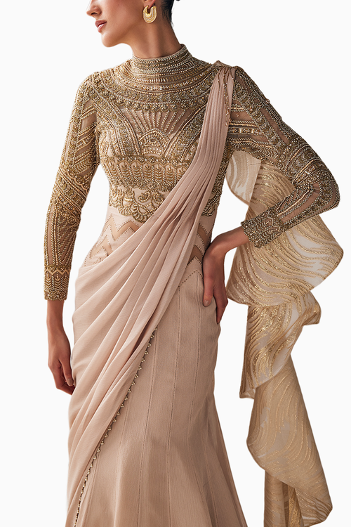 Golden Cream Opulent Gilded Draped Saree Set