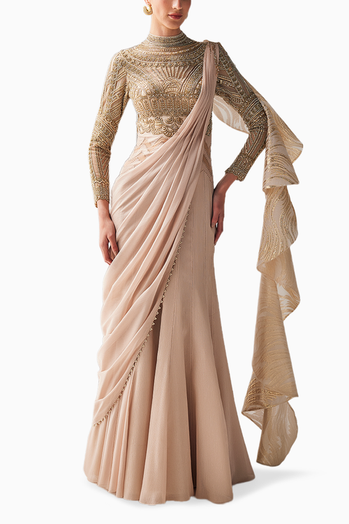 Golden Cream Opulent Gilded Draped Saree Set