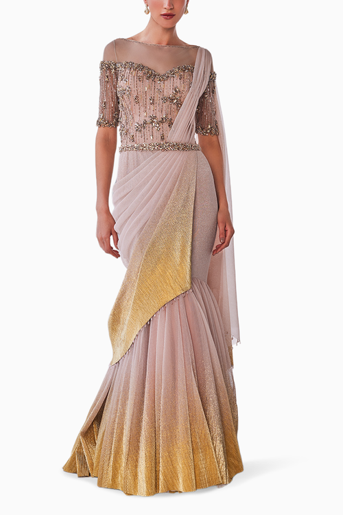 Peach and Gold Lustrous Shimmer Draped Gown with Beaded Bodice