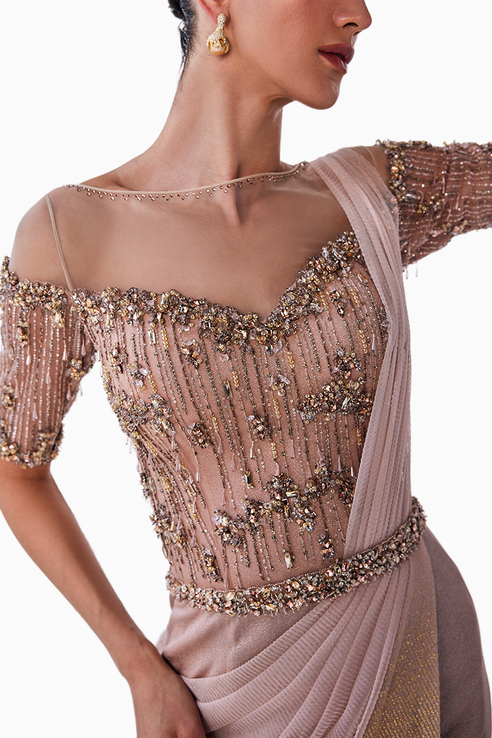 Peach and Gold Lustrous Shimmer Draped Gown with Beaded Bodice