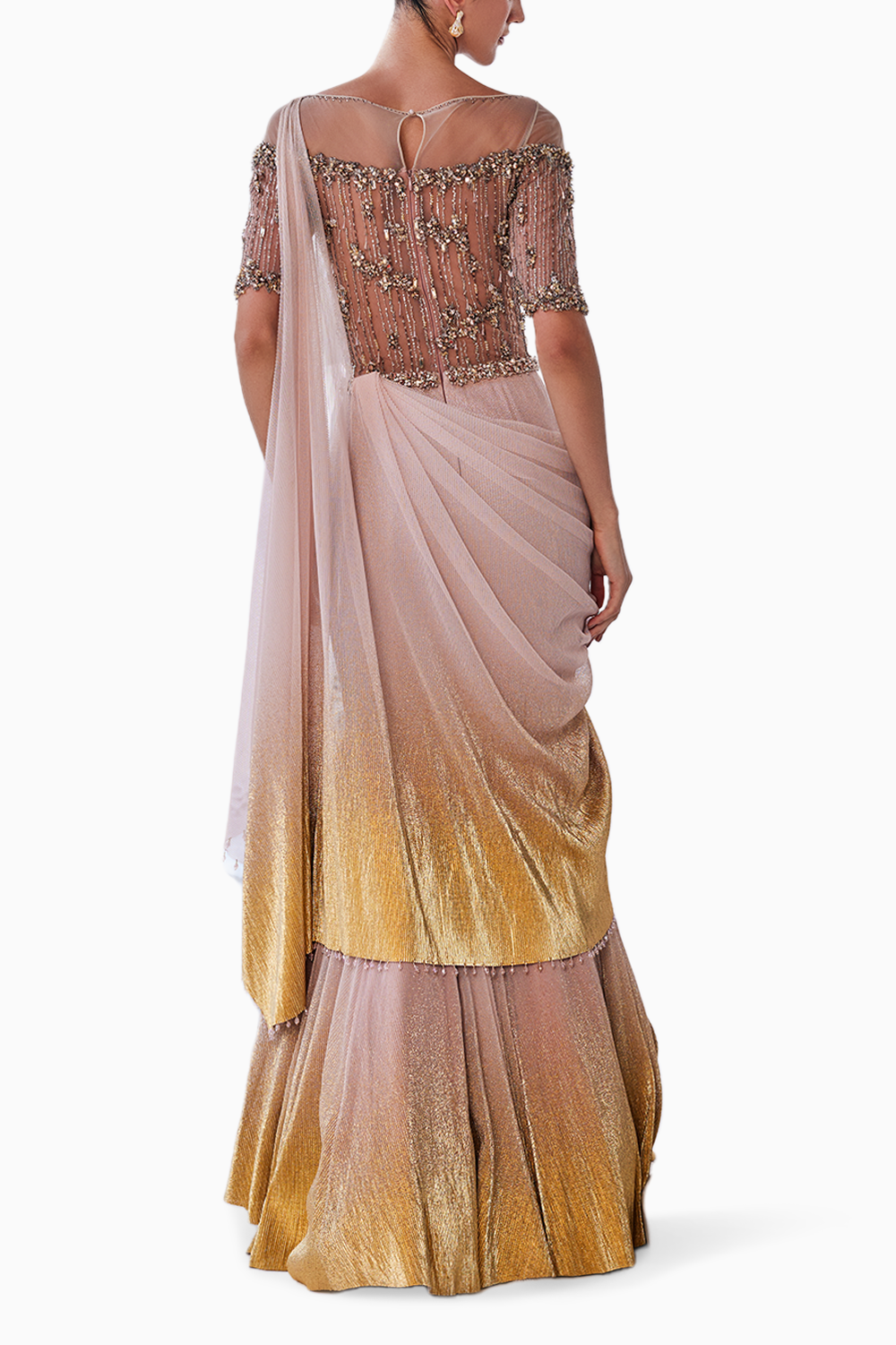 Peach and Gold Lustrous Shimmer Draped Gown with Beaded Bodice