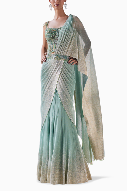 Pista Golden Sequin Draped Layer Lehenga Set