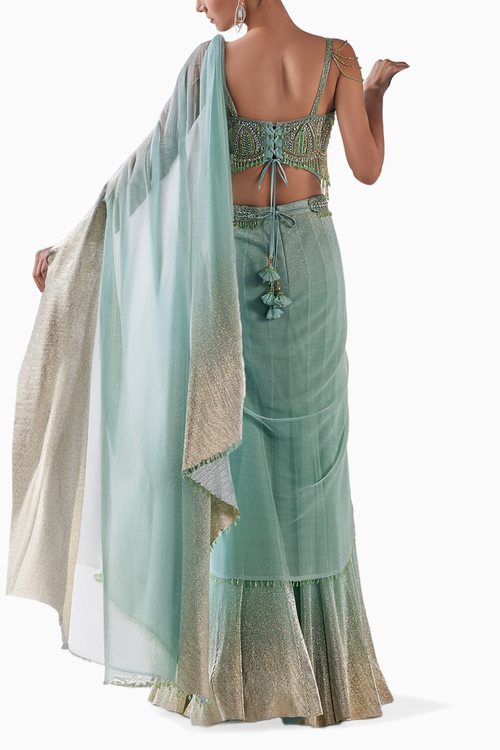Pista Golden Sequin Draped Layer Lehenga Set