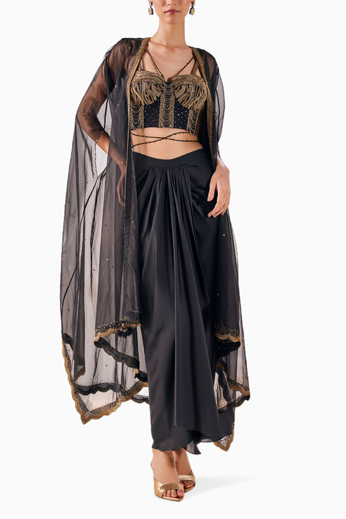 Black Enchanting Draped Skirt with Blouse with Embroidered Corset